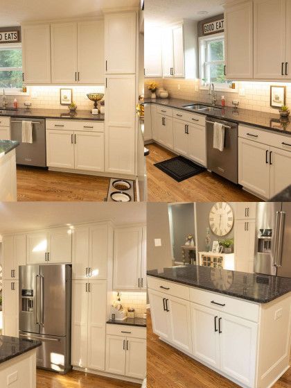 A collage of a kitchen featuring white cabinets, stainless steel appliances, dark countertops, and light wood flooring.