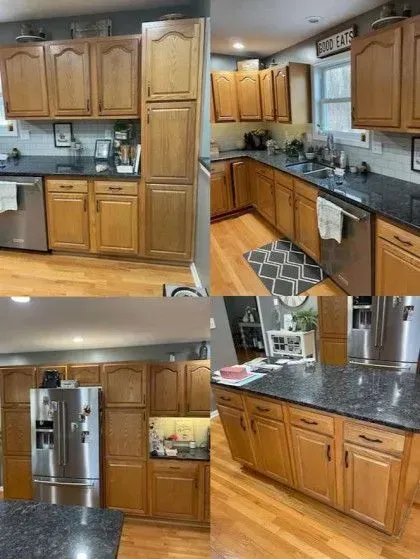 A collage showing a kitchen with oak cabinets, dark granite countertops, stainless steel appliances, and wood flooring.