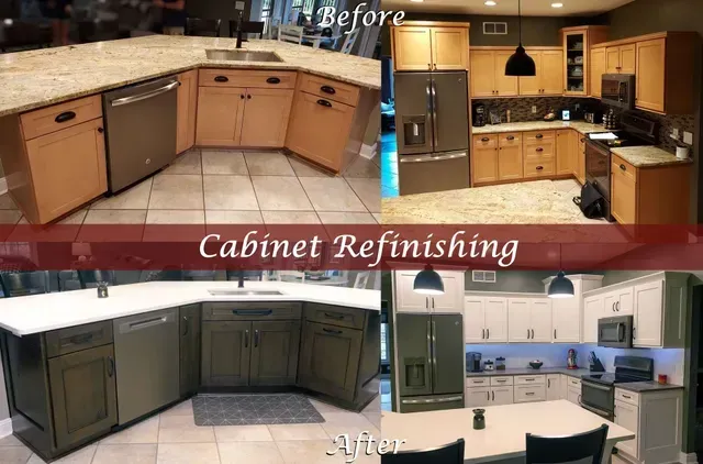 Before-and-after photos of a kitchen remodel showing wood cabinets refinished in dark green and off-white.