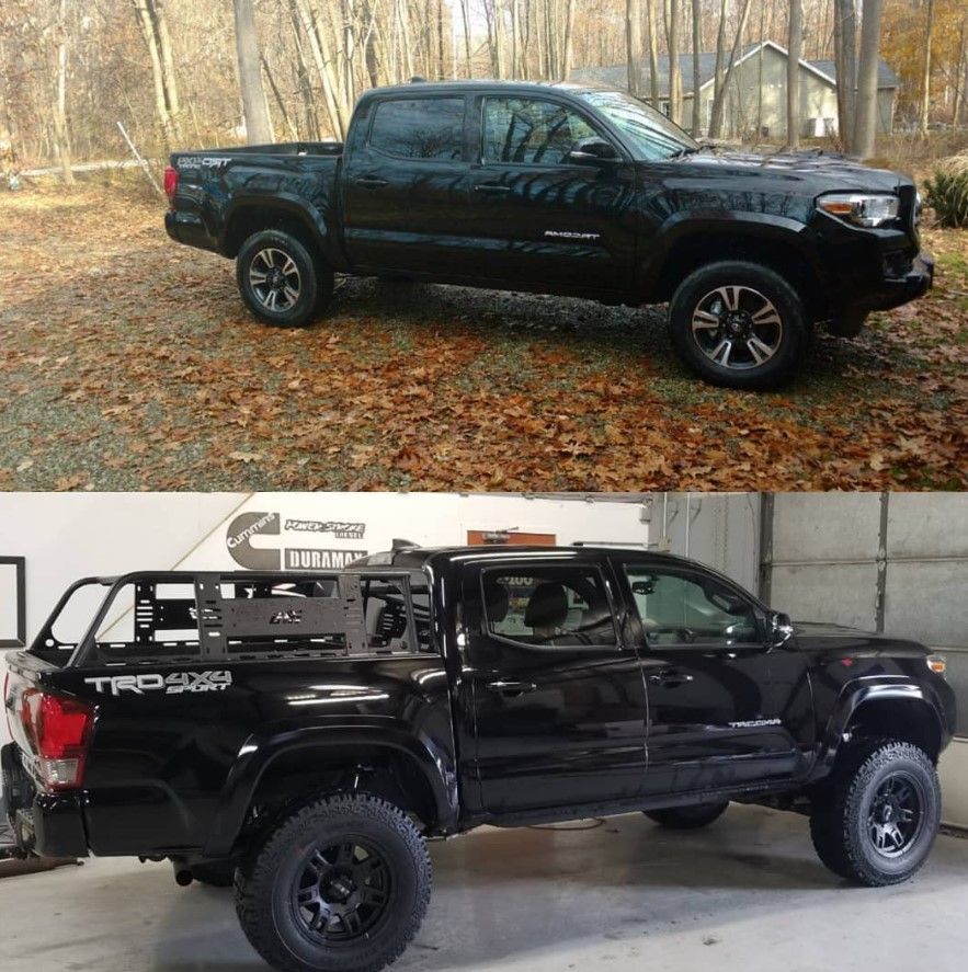 Two black trucks; the bottom one modified with off-road tires and a bed rack.