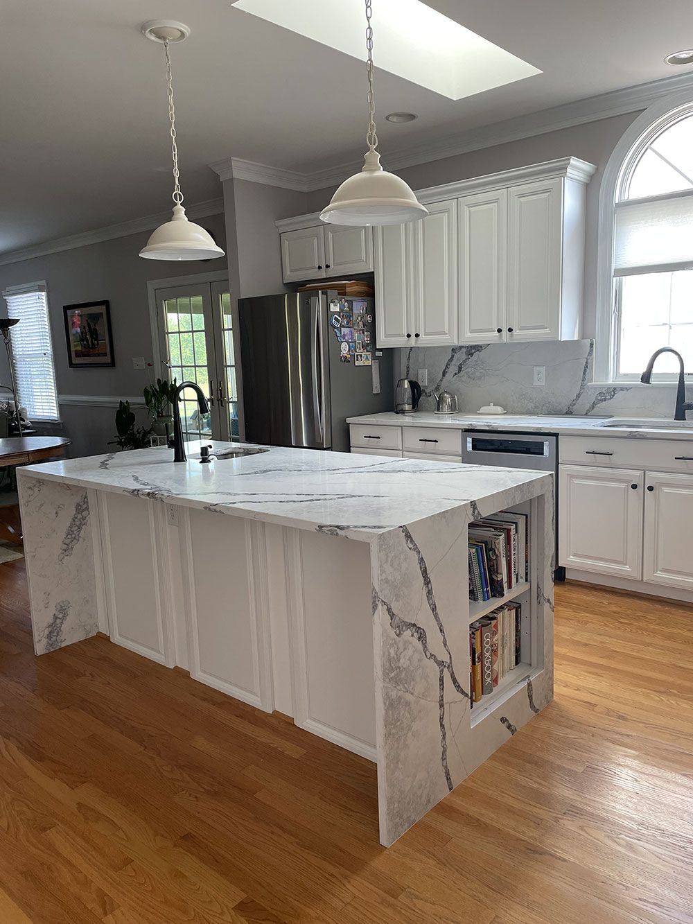 Miter Waterfall with Book shelves