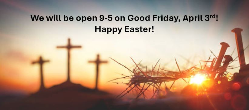 A sunrise scene with three crosses and a crown of thorns. Text reads: 