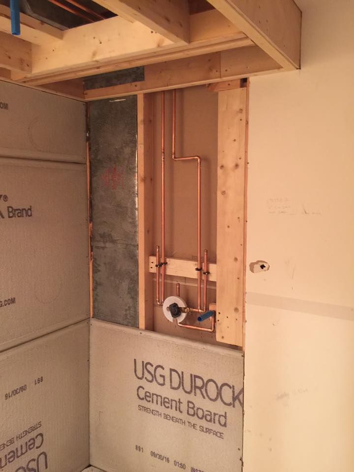 A bathroom under construction with usg durock cement board on the wall