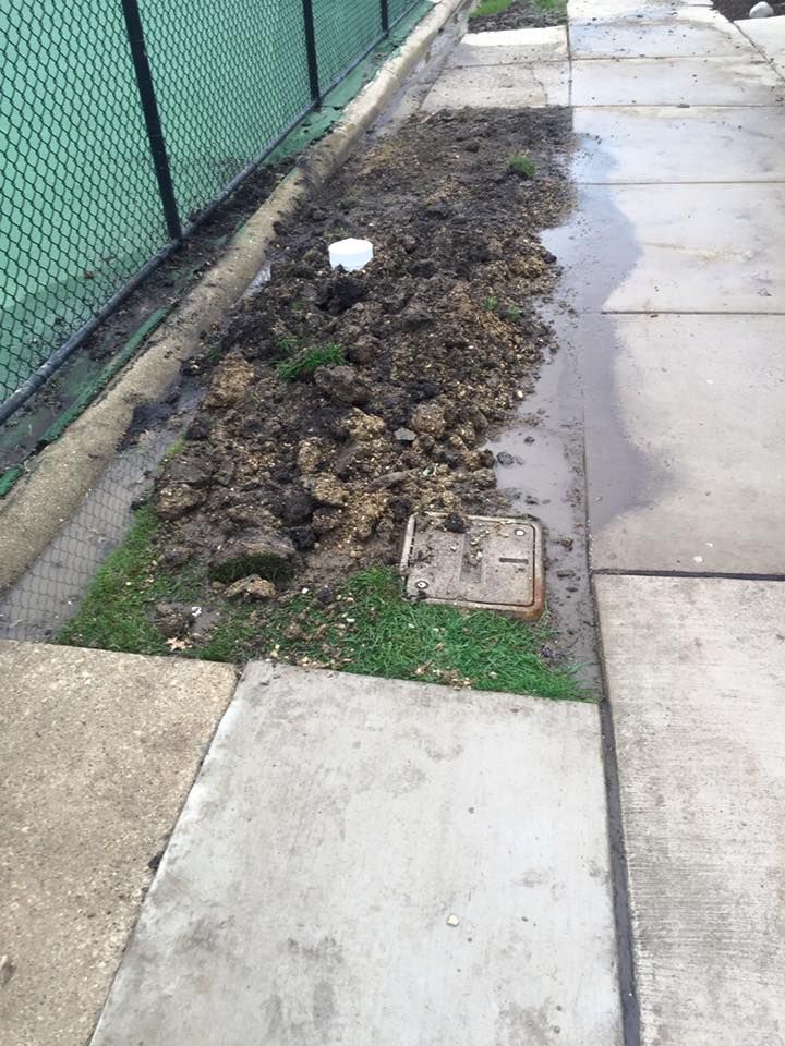 A sidewalk with a lot of dirt and grass on it