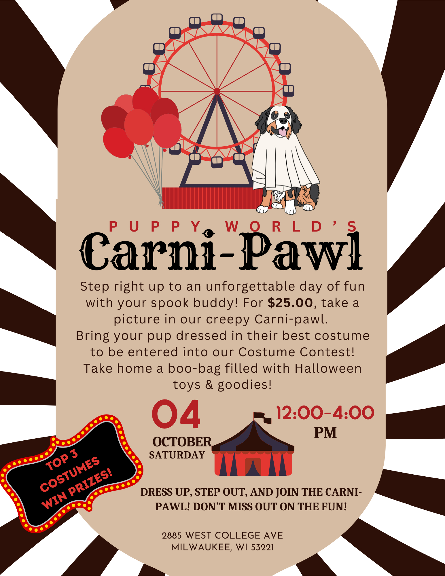 Poster: Puppy World's Carni-Pawl, October 4th, 12-4 PM. Costumes, photos, goodies, and a costume contest.