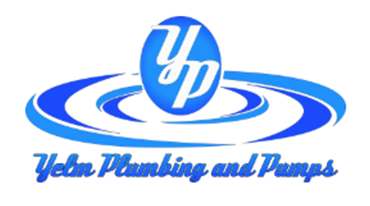 Logo for Yelm Plumbing and Pumps: Blue oval with "YP" inside, over blue concentric water rings and text.