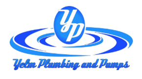 Logo for Yelm Plumbing and Pumps: Blue oval with "YP" inside, over blue concentric water rings and text.