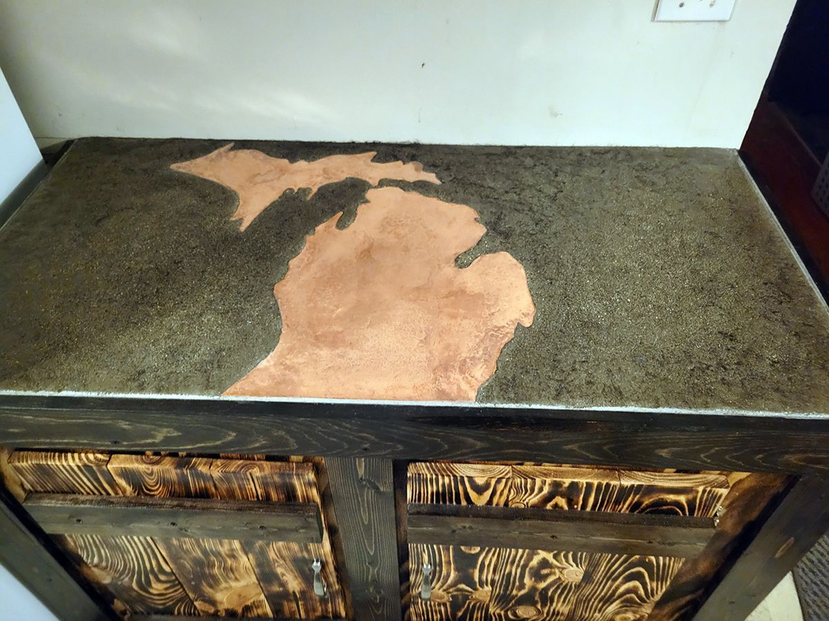 A table with a map of michigan on it
