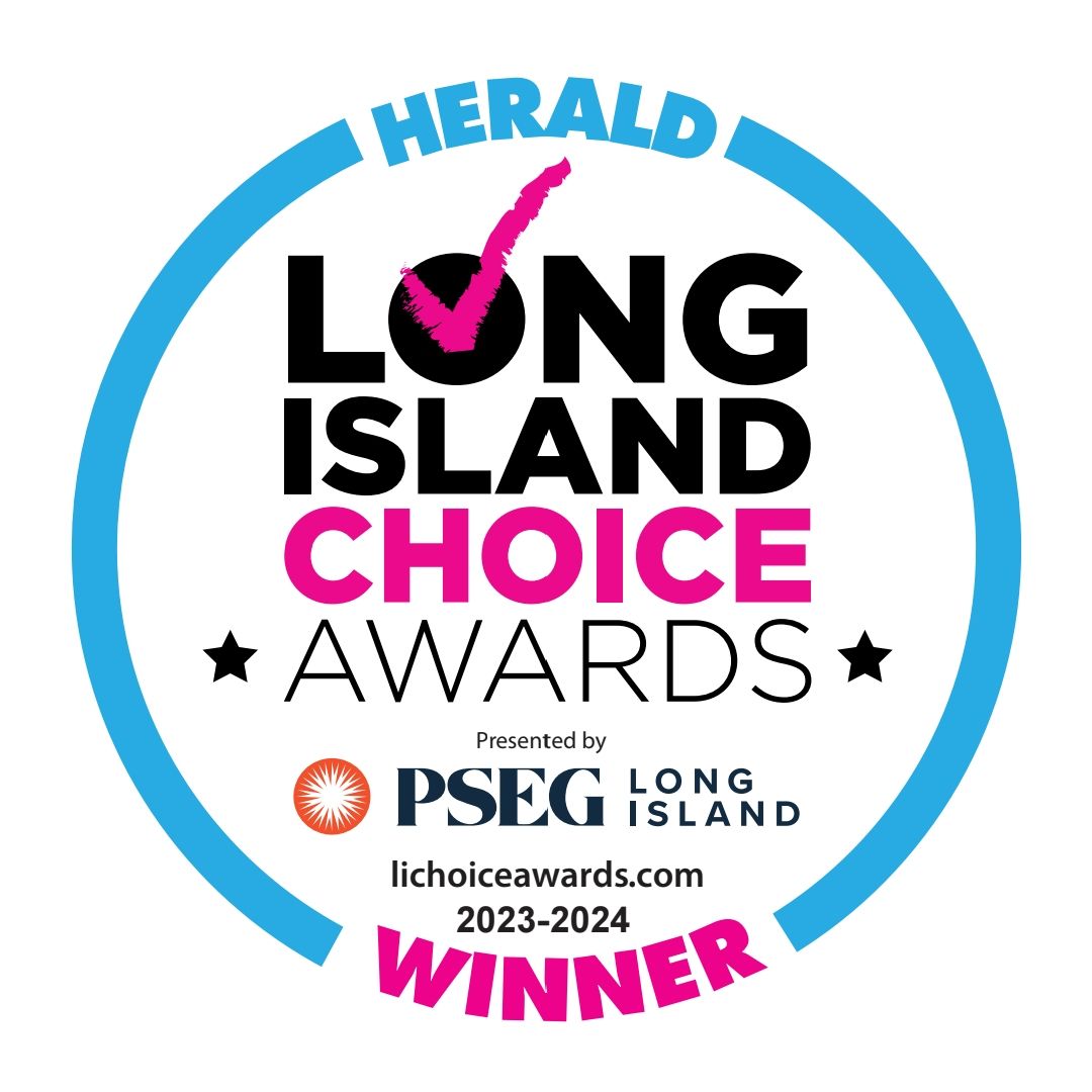 Long Island Choice Awards winner seal: blue, pink, white. Includes checkmark, stars, and sponsor logos.