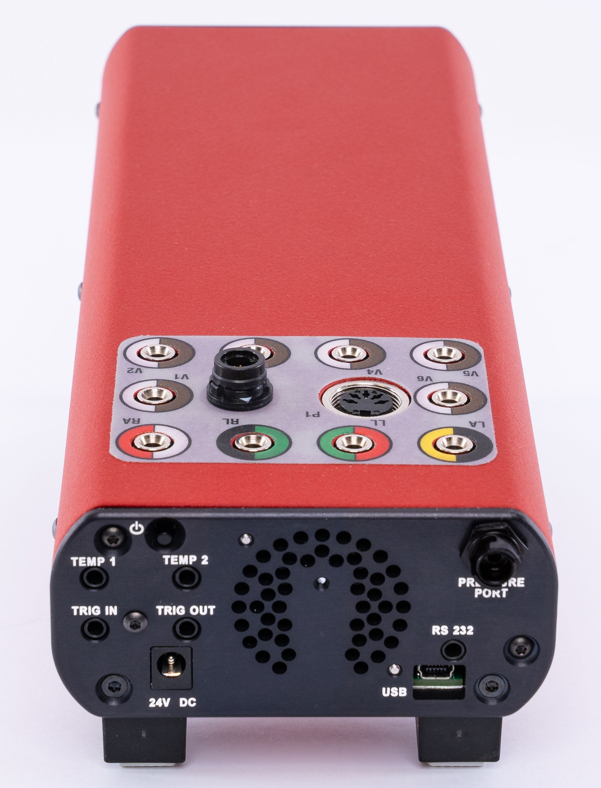Red electronic device with colorful control panel and front ports on a white background