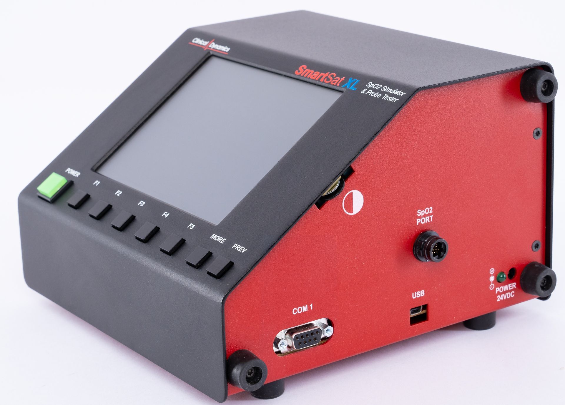 Black and red desktop electronic device with a screen and multiple buttons on a white background