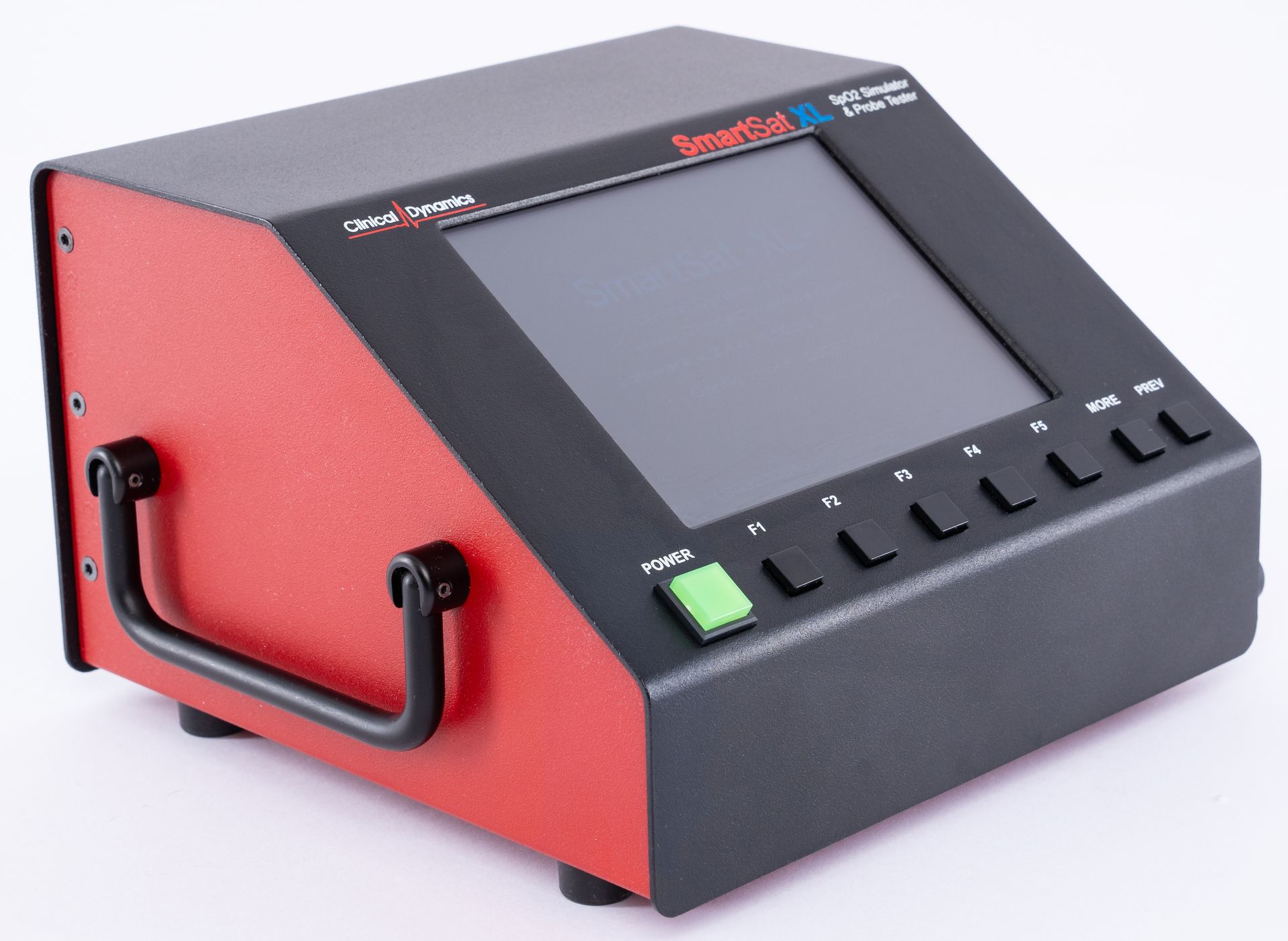 Red and black electronic control panel with a touchscreen and buttons on a bench case