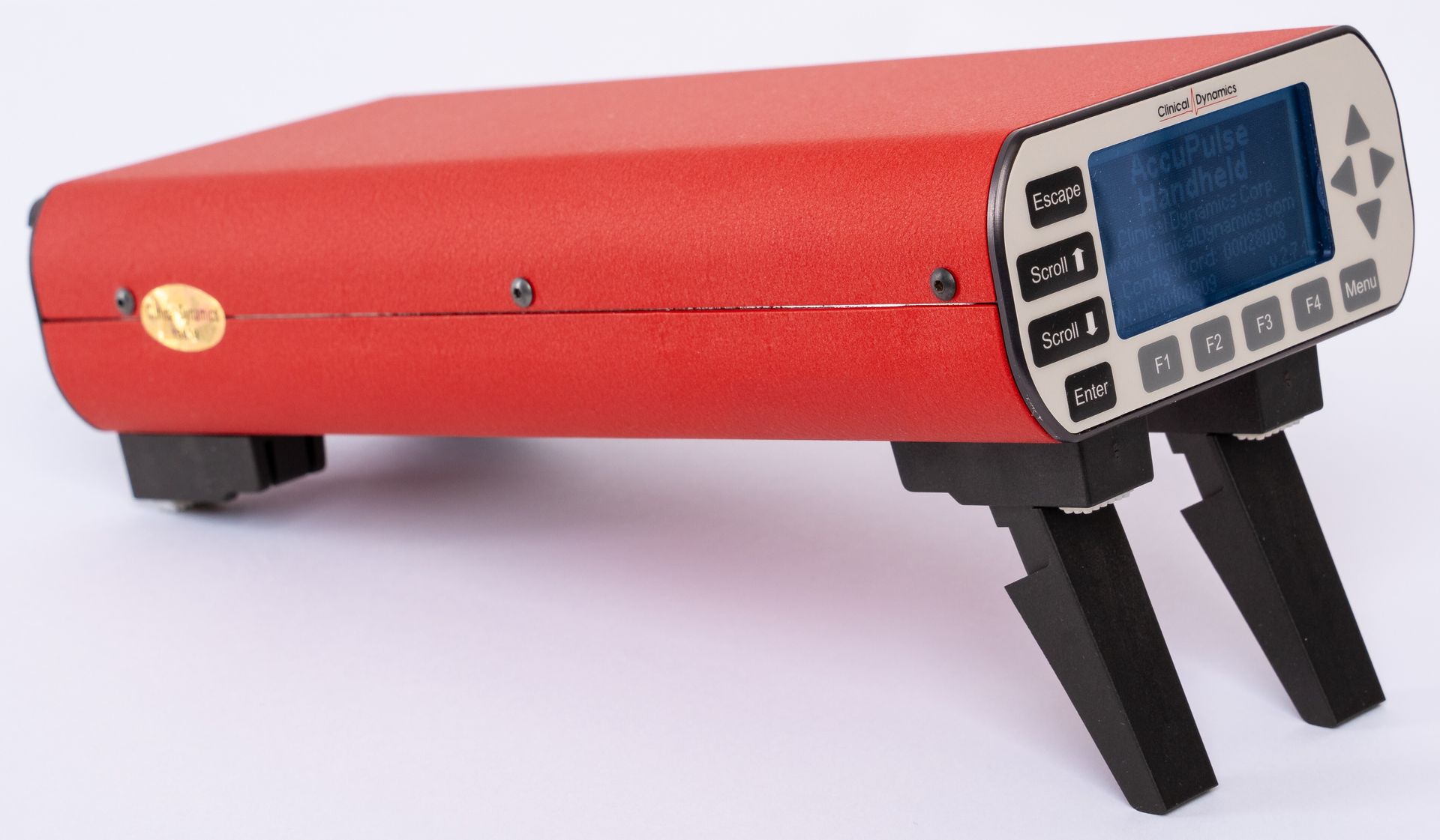 Red handheld electronic device with a digital display and two black handles on a white background