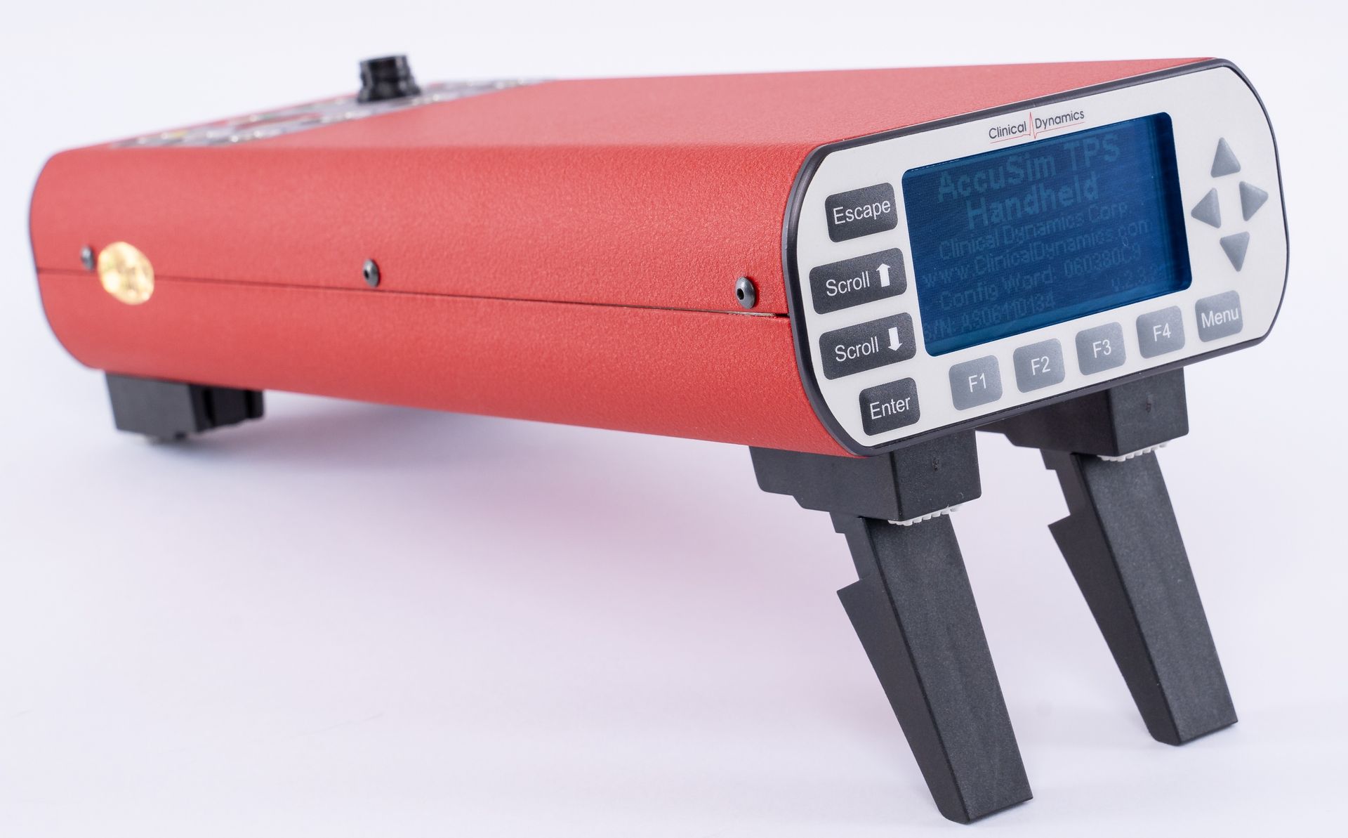 Red handheld electronic device with a display, buttons, and two fold-out legs on a white background