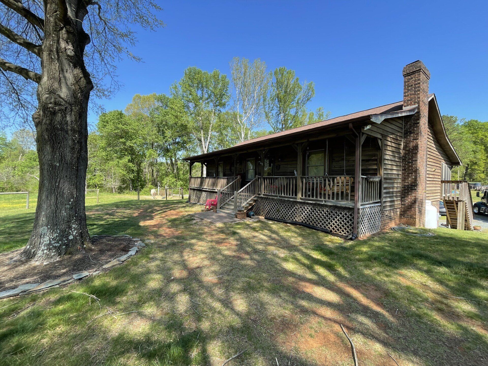 A cabin surrounded by trees