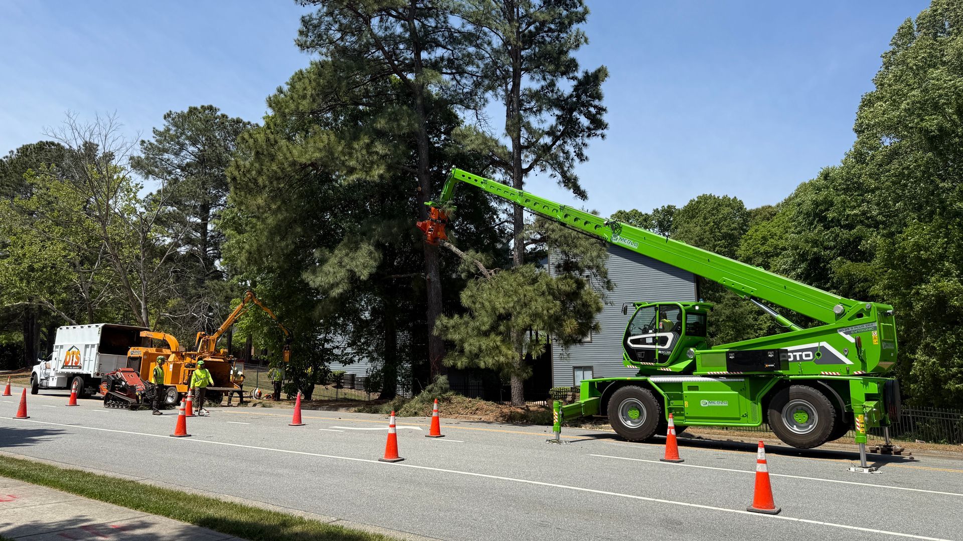 Green crane lifting tree limbs beside a road, with orange cones and workers in the background