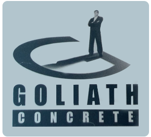 Goliath Concrete logo with a man standing on a large stylized “G” shape in dark blue and gray