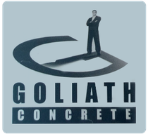 Goliath Concrete logo with a man standing on a large stylized “G” shape in dark blue and gray