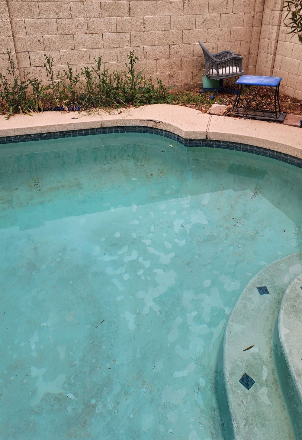 Pool with turquoise water, steps, and a stone wall. Some debris around the edge and in the pool.