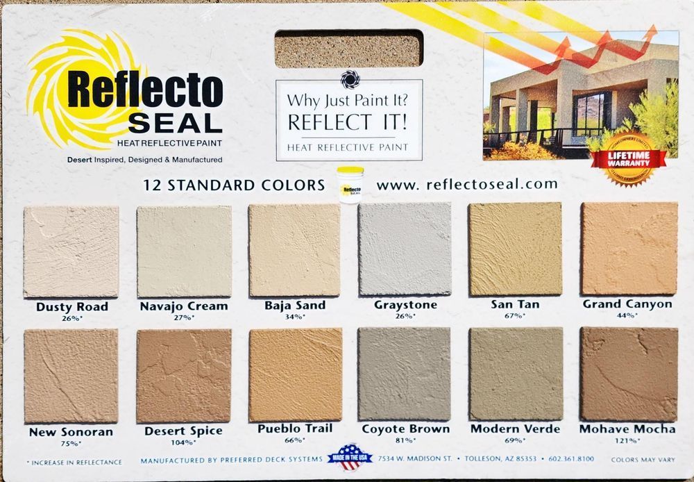 Color swatches of Reflecto Seal heat-reflective paint, with website and sample house photo.
