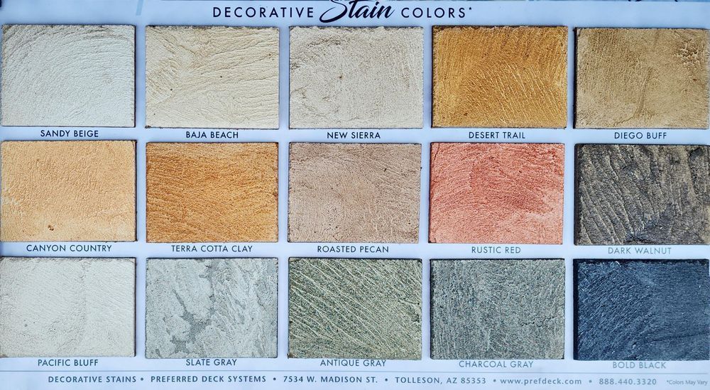 Color swatches of decorative stain colors. Various shades of tan, brown, gold, and red.