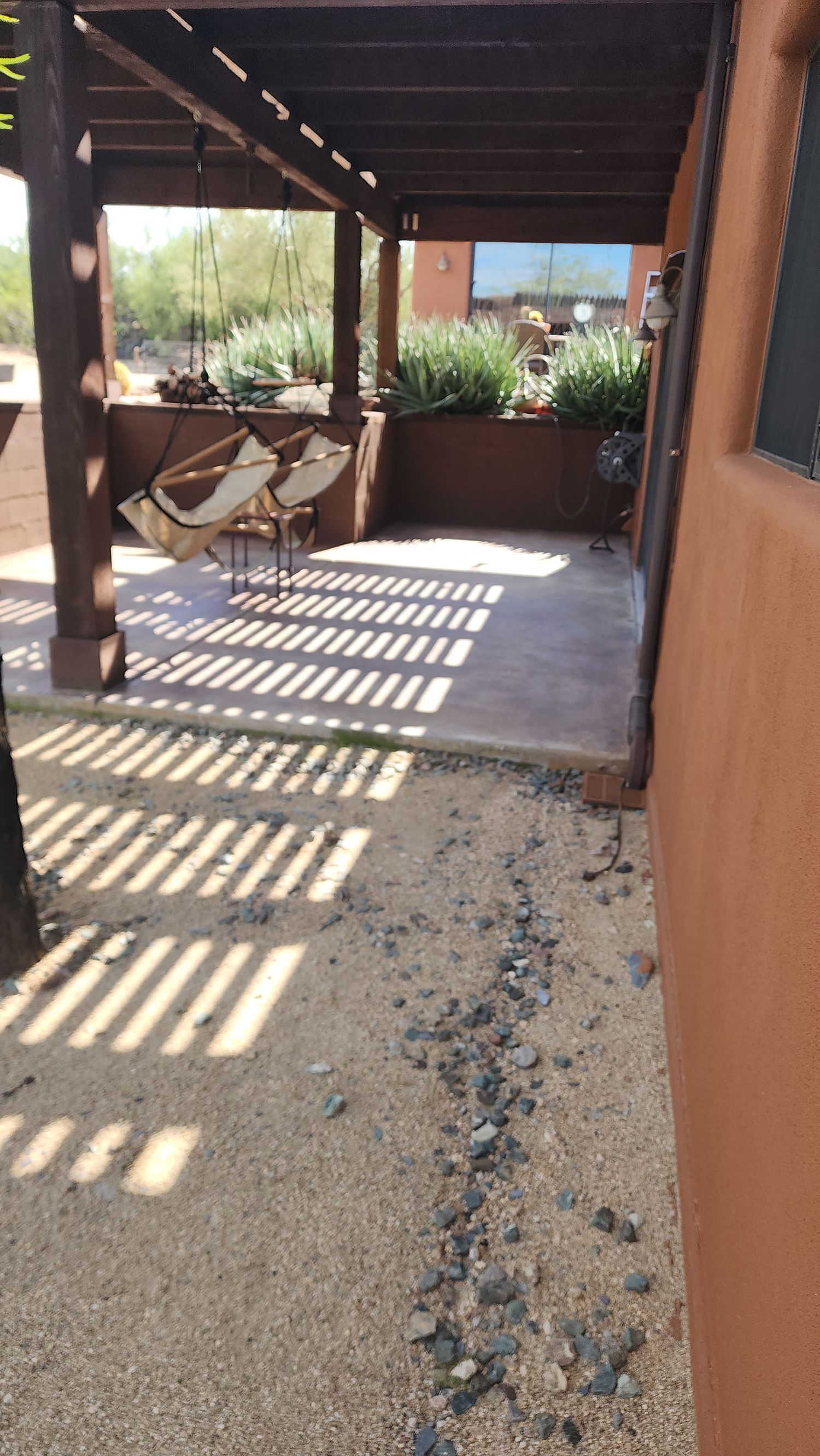 Swimming pool surrounded by concrete, in a backyard. Blue water, sunny day.