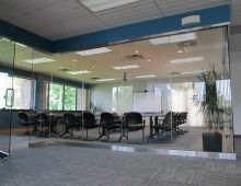 Glass-walled conference room with chairs around a table. A potted plant stands inside, with windows on the back wall.