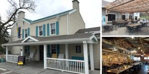Exterior and interior views of a restaurant with outdoor seating and long tables inside.