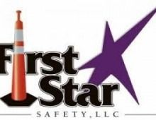 Logo for First Star Safety, LLC: black text, orange and white traffic cone, purple star.