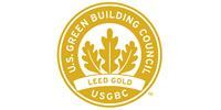 LEED Gold certification logo: gold circle with oak leaves, text 