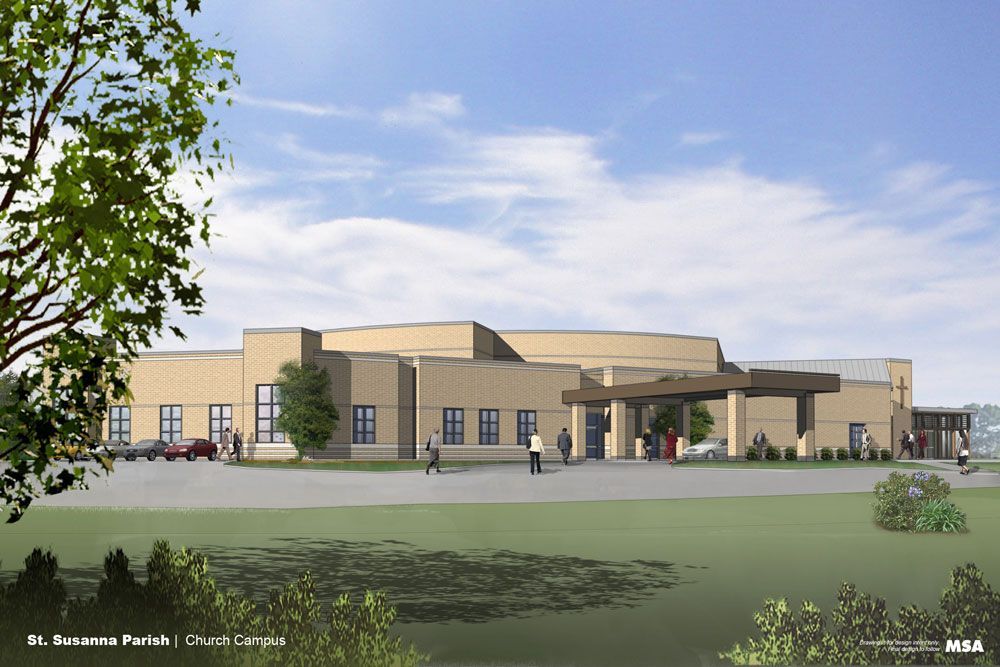 Rendering of a light brown brick building with a covered entrance, people walking on a walkway, and trees in the foreground.