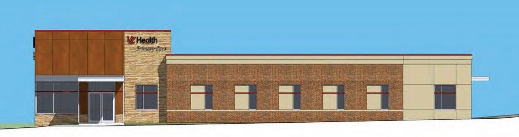 Architectural rendering of a tan and brown building against a blue sky.