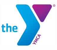 YMCA logo: blue stylized “Y” with purple triangle, “the” and “YMCA” text.