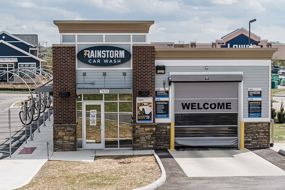 Rainstorm Car Wash exterior, building with 