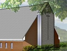 A church with a brick tower featuring a cross, connected to a brown and gray building with a modern design.