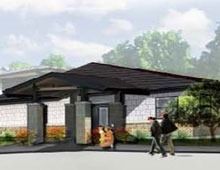 Exterior rendering of a modern building with a dark roof and pillars. People walk by.