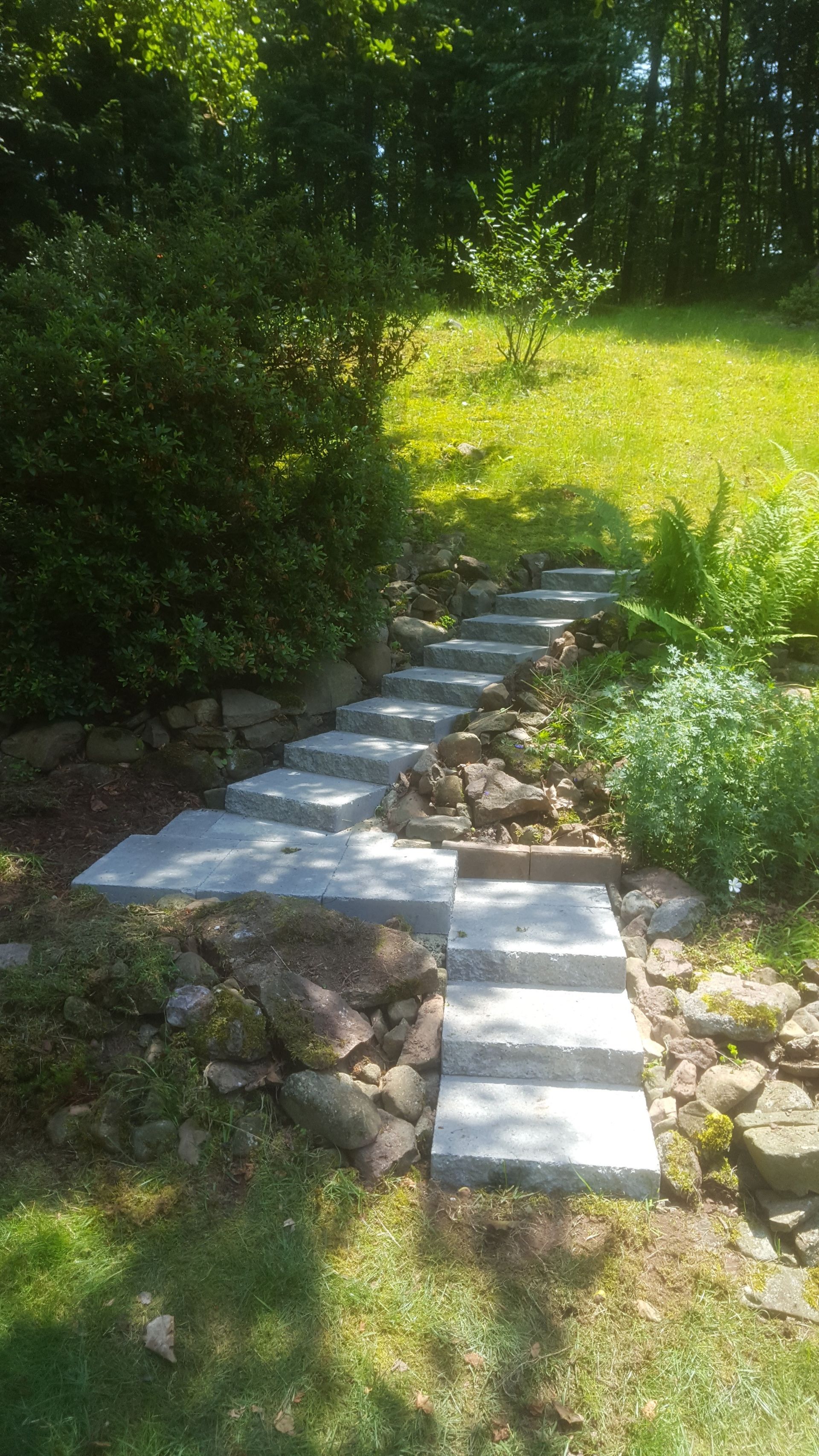 a stone walkway leading to a lush green field surrounded by trees