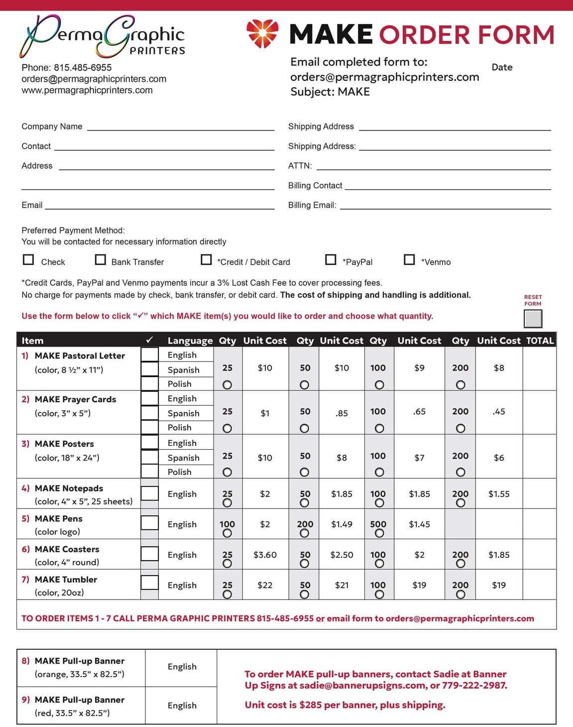 Printable order form with product options and quantity fields