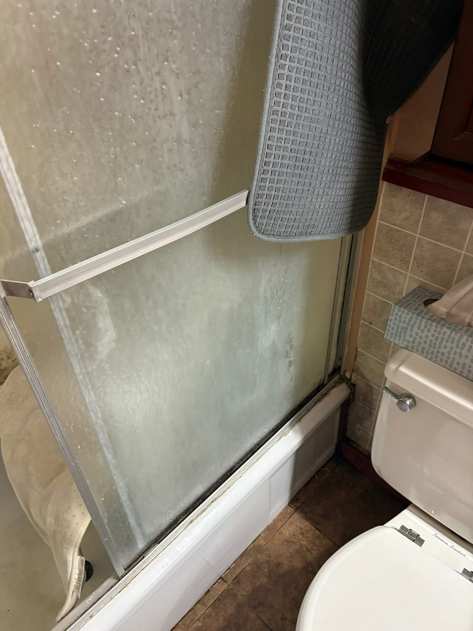 Shower door with condensation, mat hanging, and toilet visible.