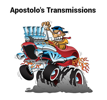 Cartoon red hot rod with flames and smoke, bearing the text &ldquo;Apostolo&rsquo;s Transmissions.&rdquo;