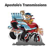 Cartoon red hot rod with flames and smoke, bearing the text &ldquo;Apostolo&rsquo;s Transmissions.&rdquo;