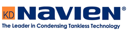 Logo for Navien: Navy blue text with an orange square with “KD”. Text: “The Leader in Condensing Tankless Technology.”