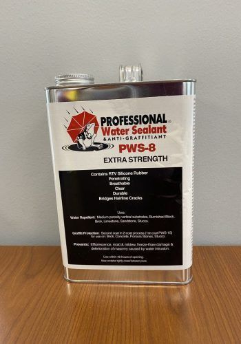 Clear plastic container of Professional Water Sealer PWS-8 Extra Strength on a wooden table
