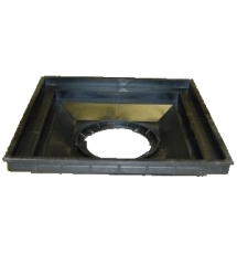 Black square plastic frame with a large circular hole in the center on a white background