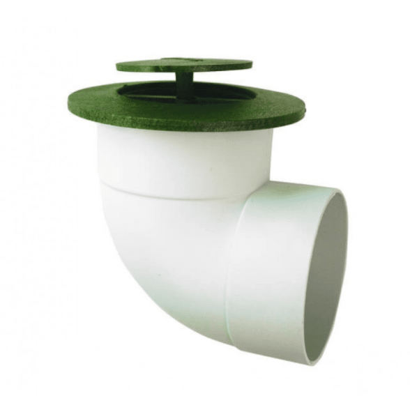 White PVC drain vent with green cap and side outlet on a plain background