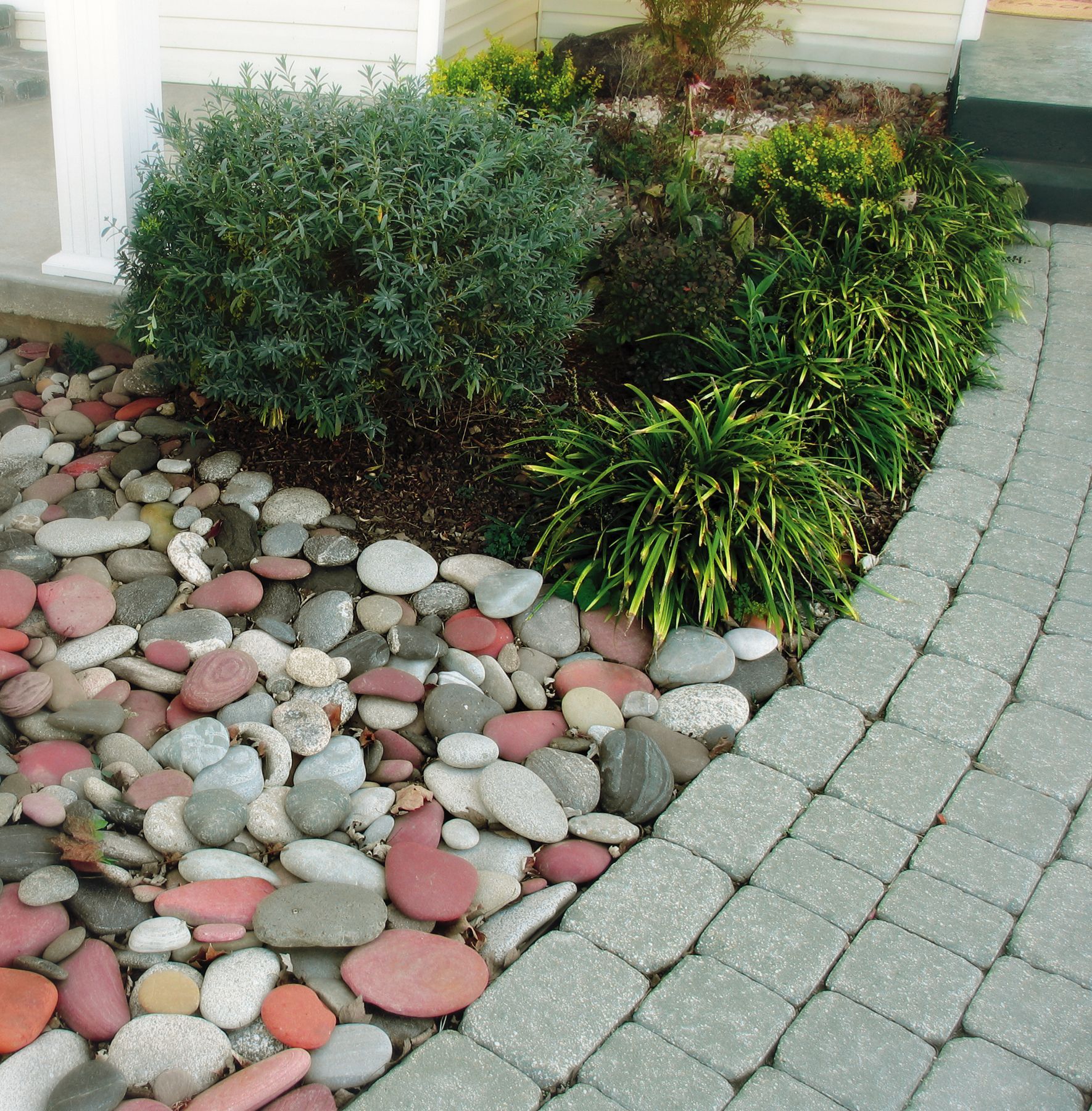 A landscape bed with red and grey river stones next to a grey paver walkway and a mix of green shrubs.