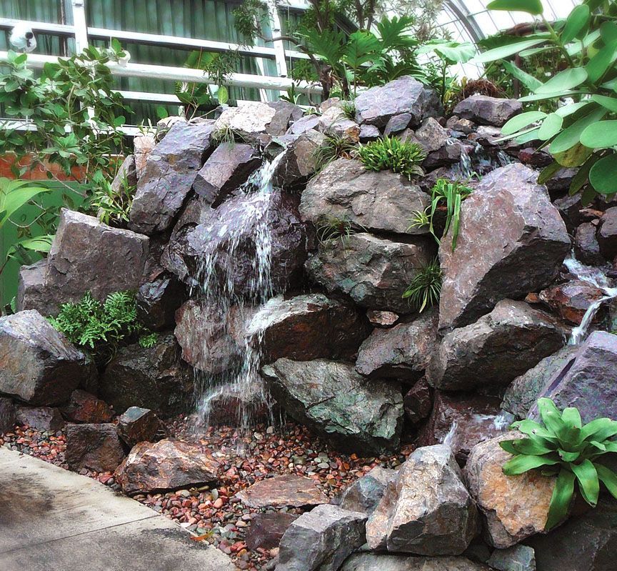 A rocky waterfall feature inside a greenhouse with small green plants tucked between the stones.