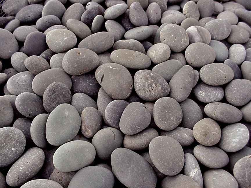 A top-down view of a dense cluster of smooth, grey, rounded river stones.