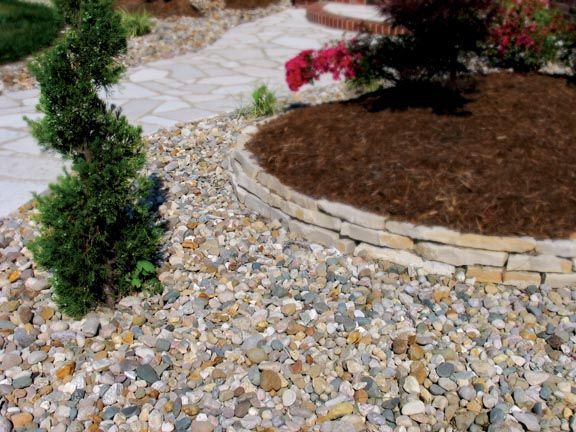 A spiral-trimmed evergreen tree sits next to a stone-edged garden bed filled with dark mulch and colorful pebbles.