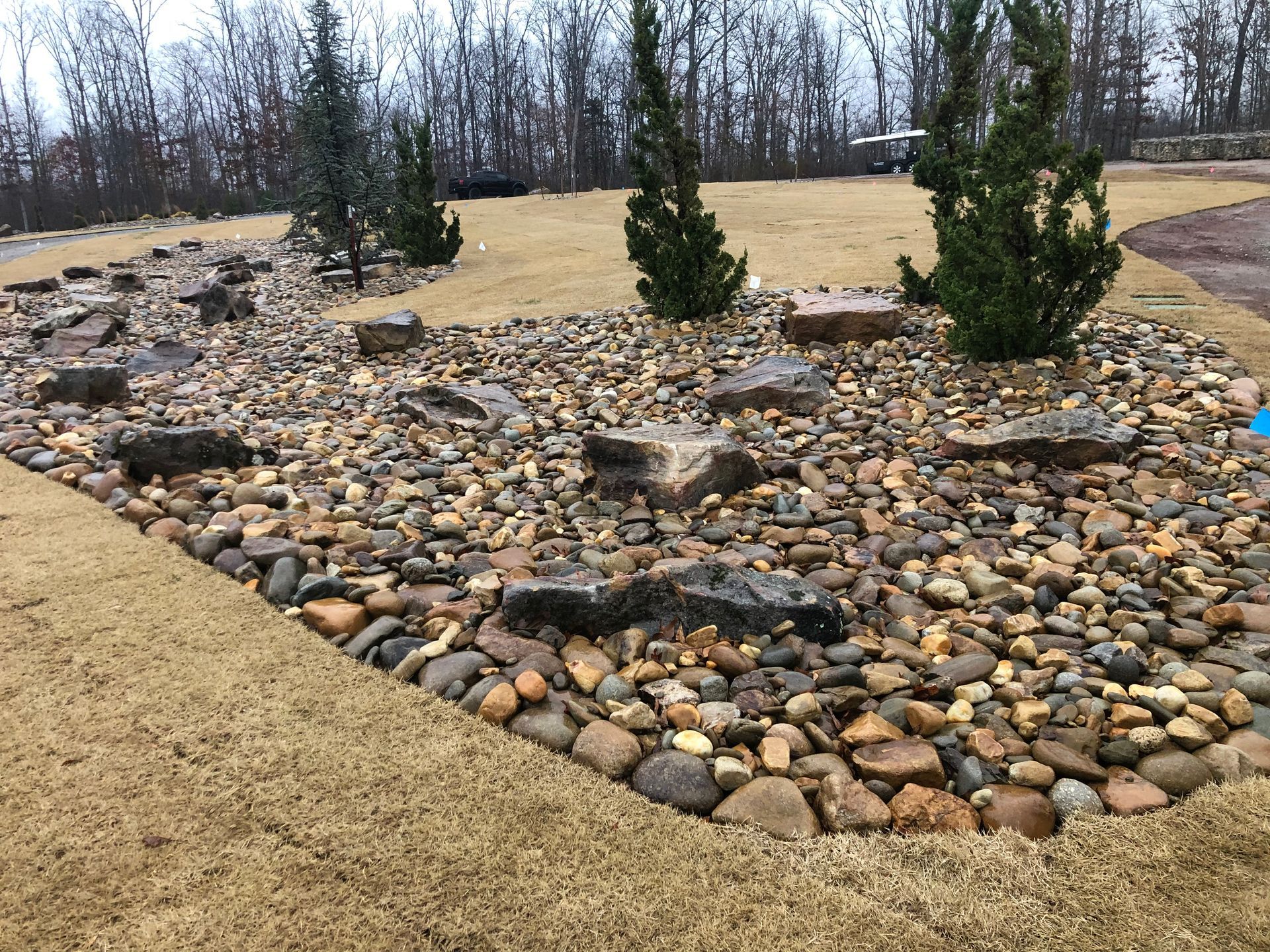 A landscaped garden bed featuring river stones and several evergreen trees bordered by dormant tan grass.